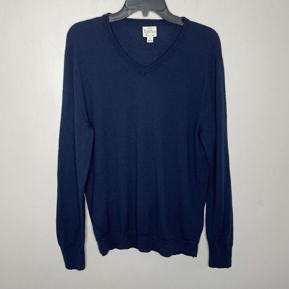 J.CREW Sweater Men Large Merino Wool V-Neck Pullover Navy Blue AD337 - Picture 1 of 15